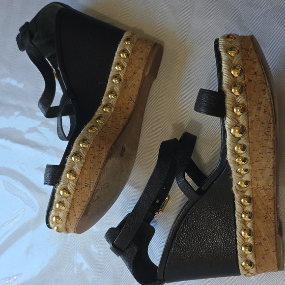 🌸Via Spiga Cork Bottom Black and Gold Wedge Sandals 9 - Picture 3 of 9